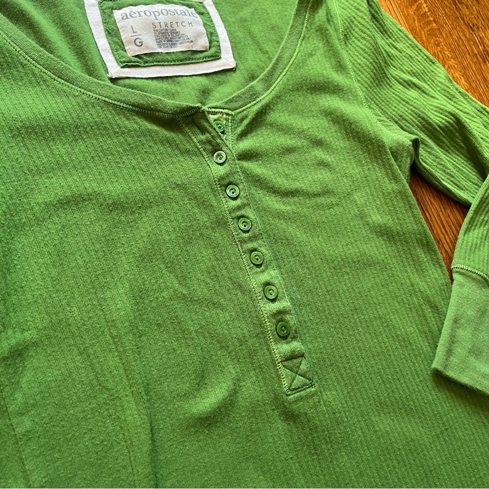 Aeropostale L stretch ribbed Henley shirt y2k green Spring preppy - Picture 2 of 7